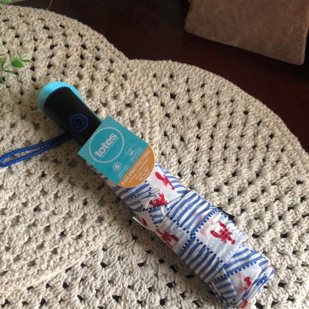 totes Compact Blue & White Striped Nautical Umbrella with Red Lobster Accents